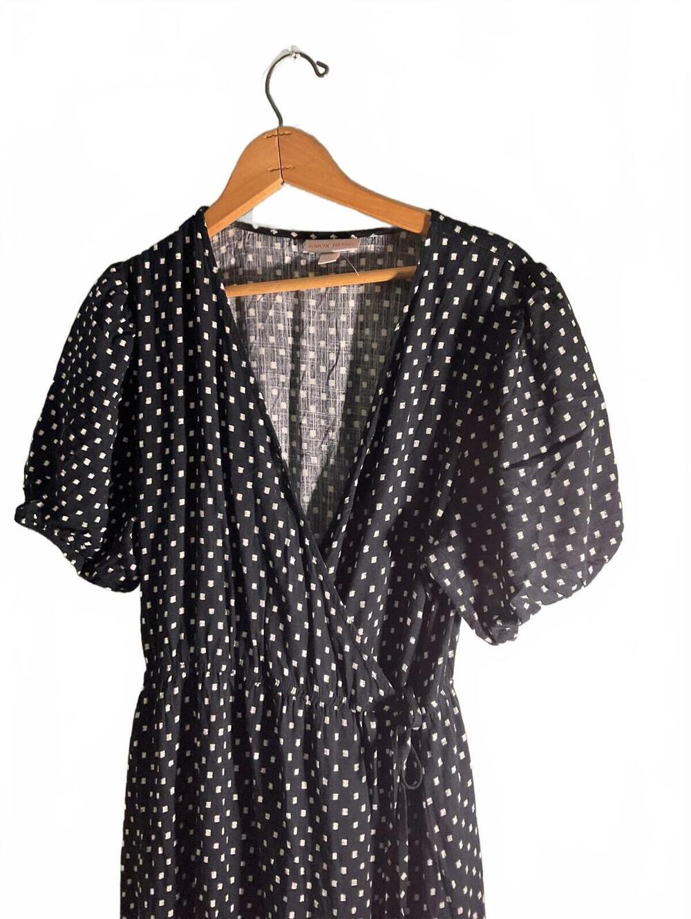 Knox Rose Black & White Dot Print Wrap Dress Size L Puff Sleeve Tiered Midi - Picture 3 of 11
